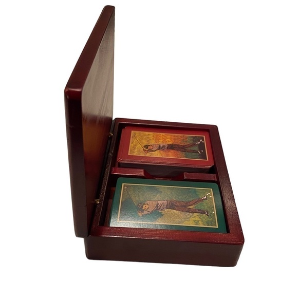 Dual Set of Playing Cards in Rosewood Box with Lid and Golf Ball Design on Box - Picture 3 of 12